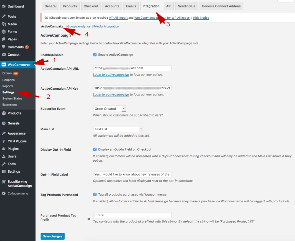 WooCommerce ActiveCampaign settings integration page