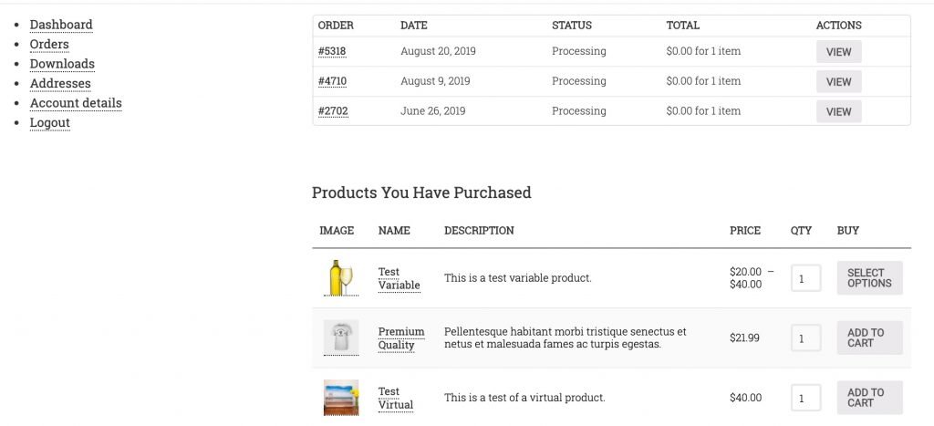 WooCommerce customer dashboard showing list of recent orders plus table or unique products purchased perfect substitute for ActiveCampaign Last Order Details.